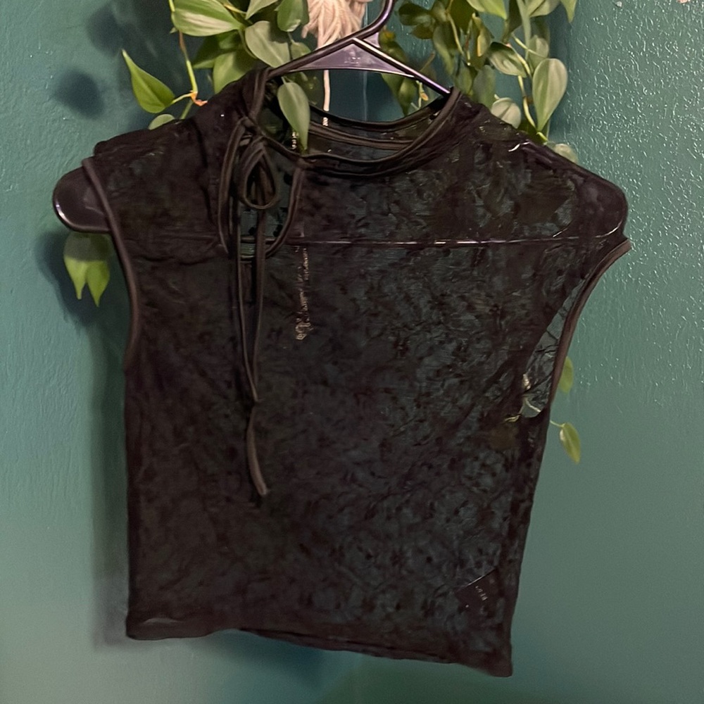 Lace Mandarin Collar Top with Tie Detail